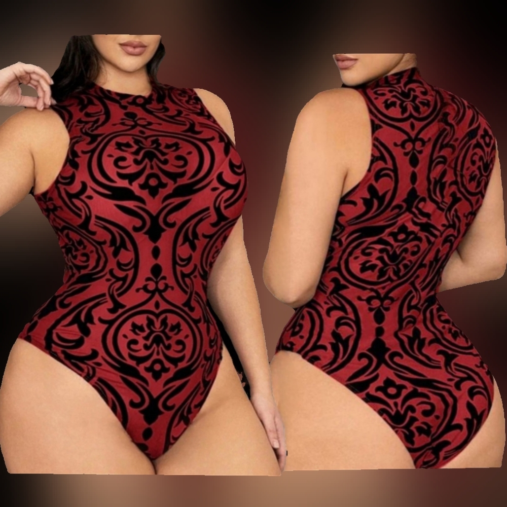Red blk baroque flocked velvet design semi sheer high thigh cut bodysuit 1X NWOT